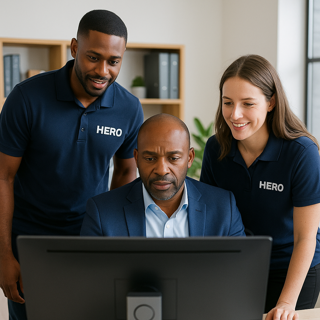 HERO engineers assisting an insurance agent with IT and cybersecurity support in a modern office.