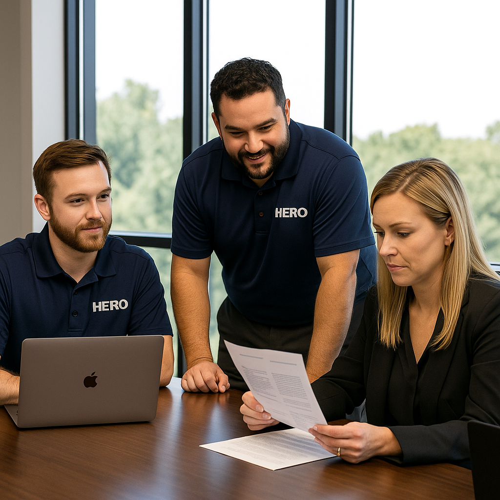 Why Insurance Agencies Choose HERO IT Support HERO engineers meeting with an insurance agent in a conference room to review IT strategy and compliance.