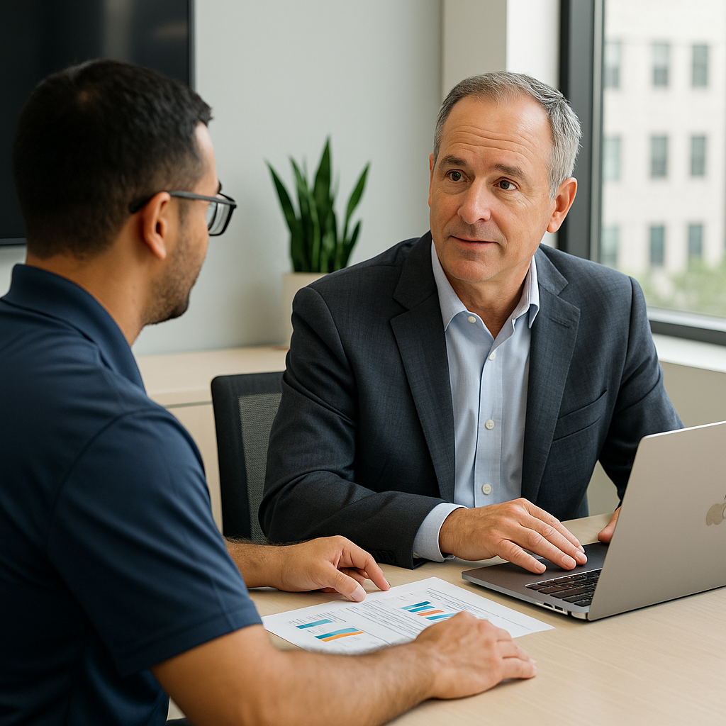 How HERO Delivers Value for Insurance Agencies HERO engineer reviewing IT reports with an insurance agent in a modern office.