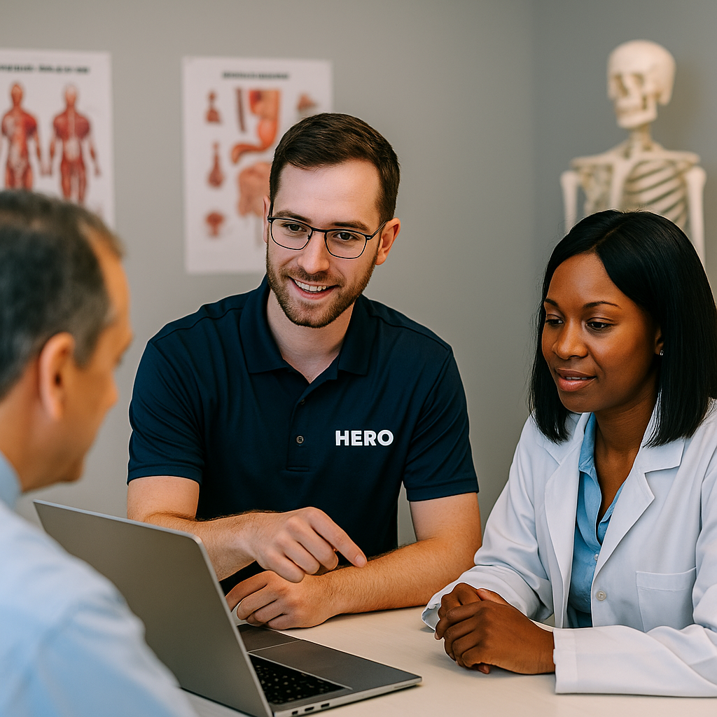 HERO engineer consulting with healthcare providers in a clinic office about IT and HIPAA compliance.