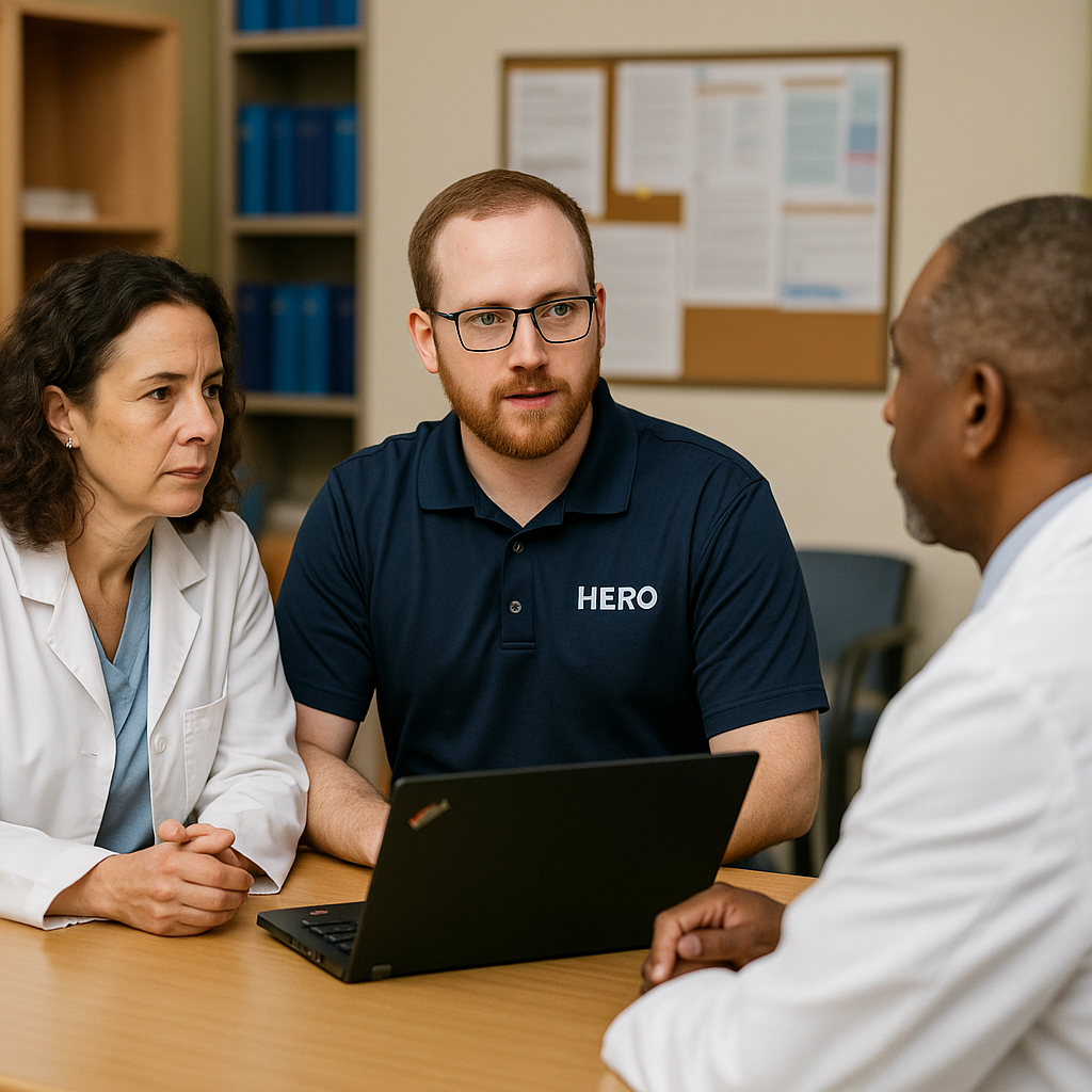 How HERO Delivers Value for Healthcare Providers HERO engineer reviewing IT and cybersecurity reports with healthcare providers in a clinic office.
