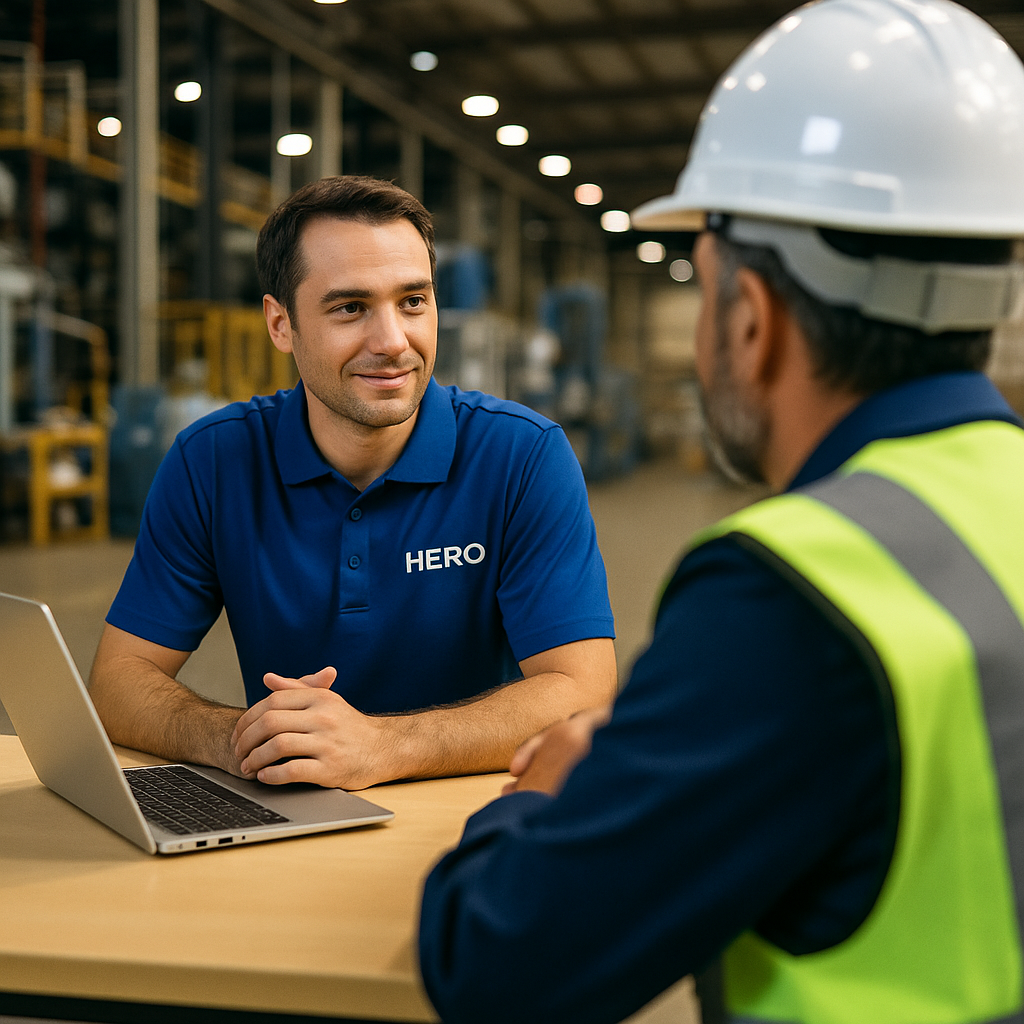 HERO engineer consulting with a manufacturing manager on a factory floor about IT challenges.
