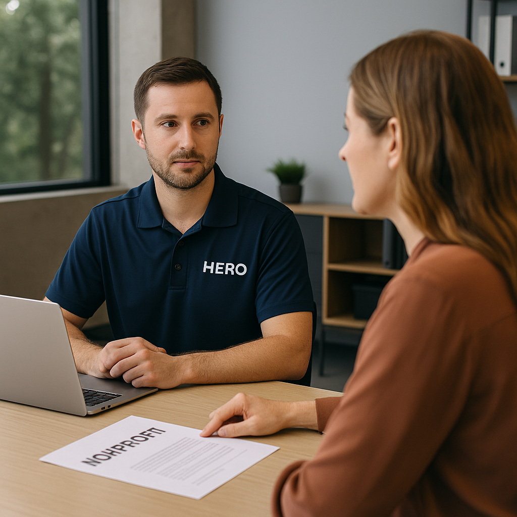 HERO engineer consulting with a nonprofit manager about IT challenges in a modern office.