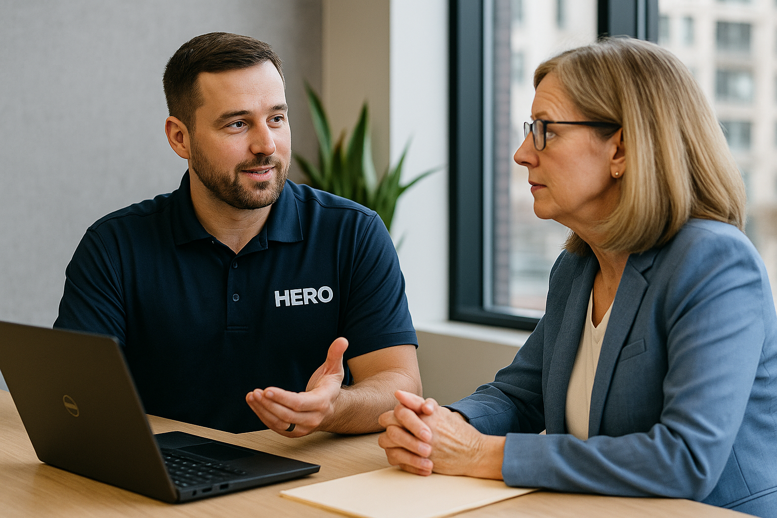 HERO engineer consulting with a nonprofit executive about IT strategy and donor data security.
