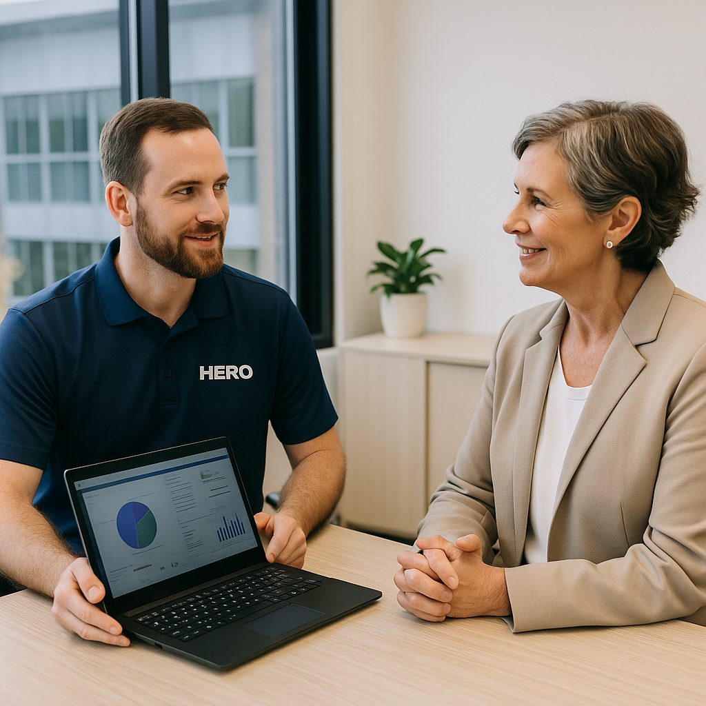 HERO engineer reviewing IT performance data with a nonprofit director in a modern office.