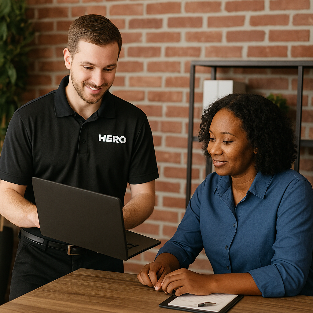 HERO engineer consulting with a trade business owner about IT challenges in an office.