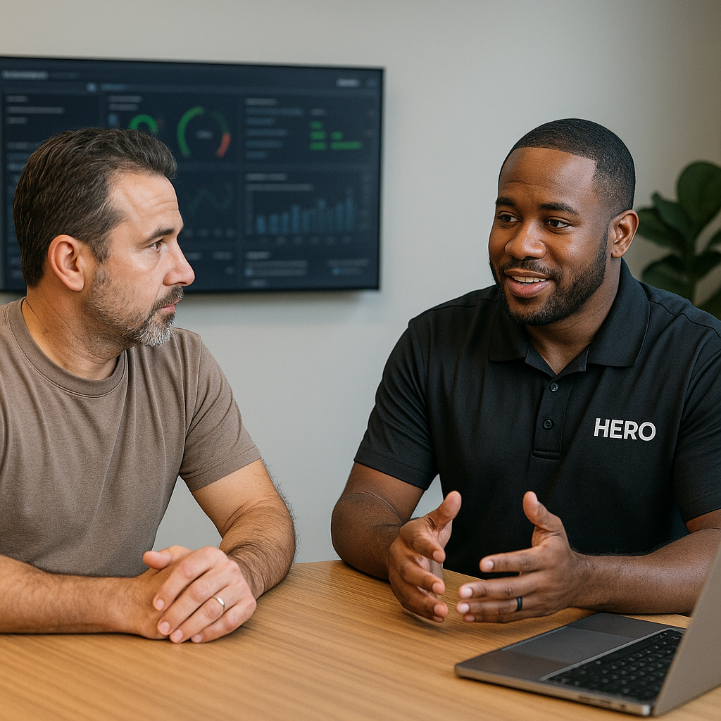 Why Trade Businesses Choose HERO IT Support HERO engineer consulting with a trade business executive about IT strategy and cybersecurity.