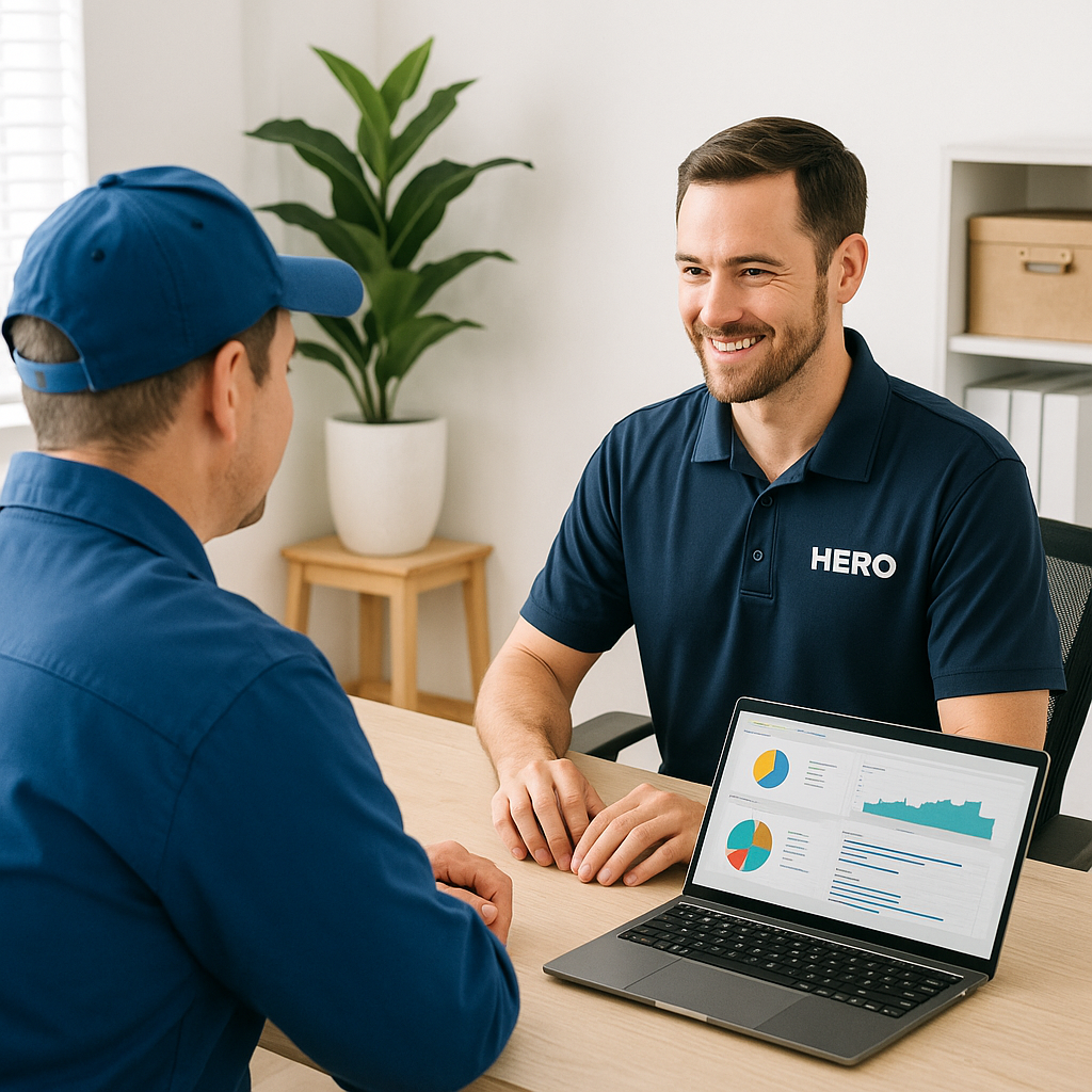 How HERO Delivers Value for Trade Businesses HERO engineer reviewing IT performance data with a trade business owner in a modern office.