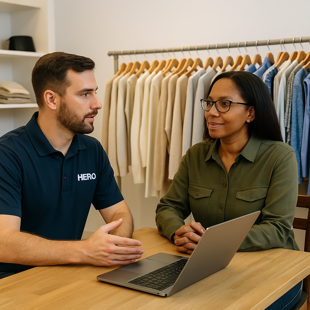 HERO engineer consulting with a retail store manager about IT challenges in an office behind the store.