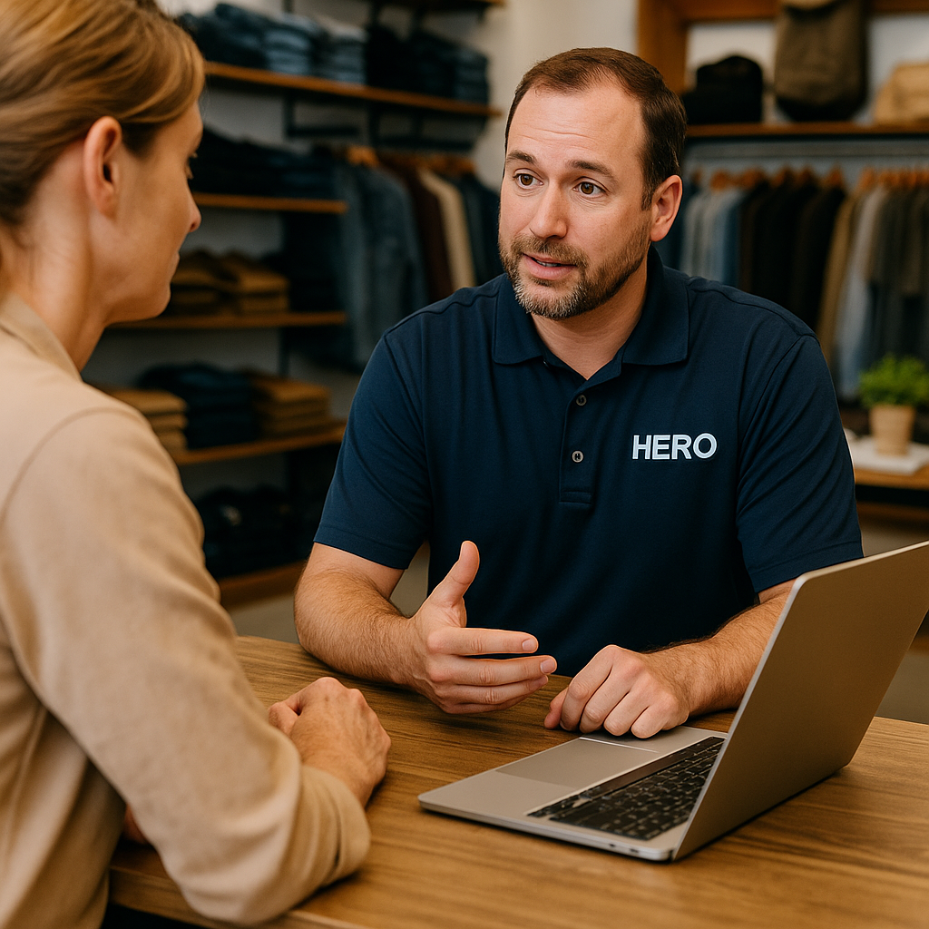 Why Retailers Choose HERO IT Support HERO engineer consulting with a retail business owner about IT and PCI compliance in a store office.