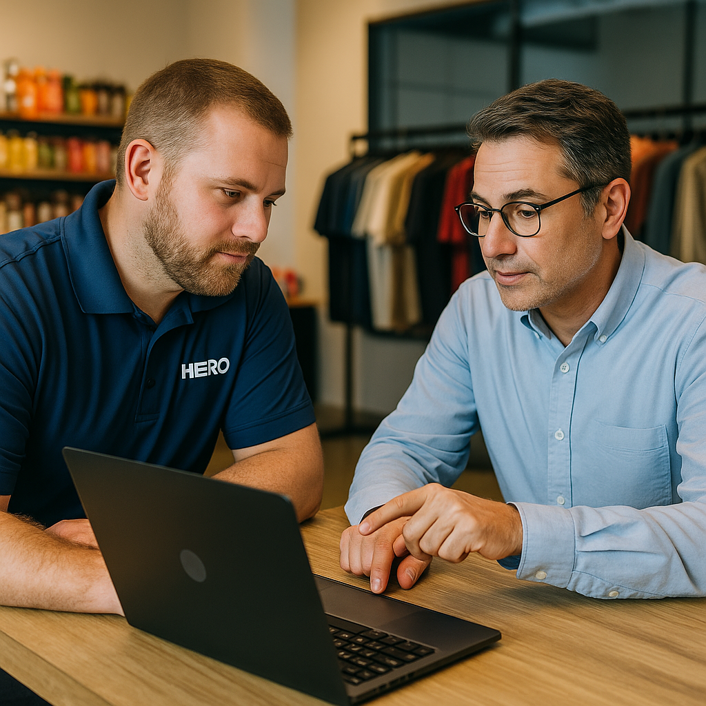 How HERO Delivers Value for Retail Businesses HERO engineers reviewing IT performance data with a retail store owner in a store office.