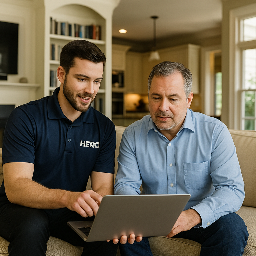 How HERO Delivers Value for Executives HERO engineers assisting an executive with IT and cybersecurity in a luxury home office.