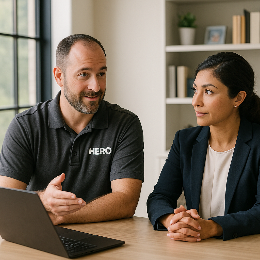 HERO engineer consulting with a business client in a modern office.