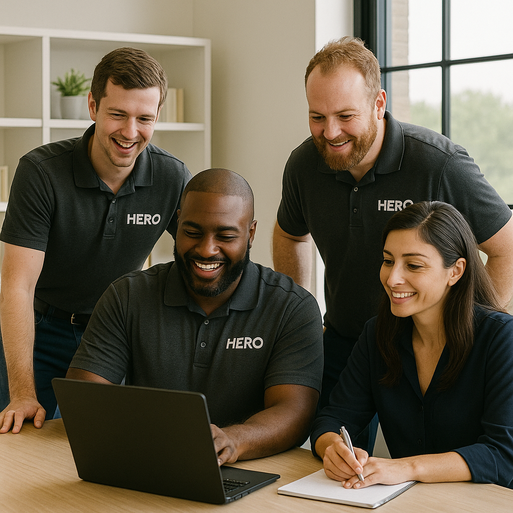 HERO IT Team Collaboration HERO engineers collaborating together around a laptop in an office workspace.