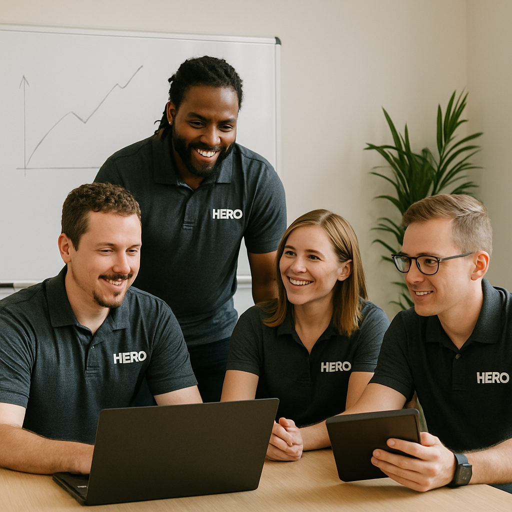 HERO IT Support and Cybersecurity Team Group of HERO engineers posing together in a modern office.