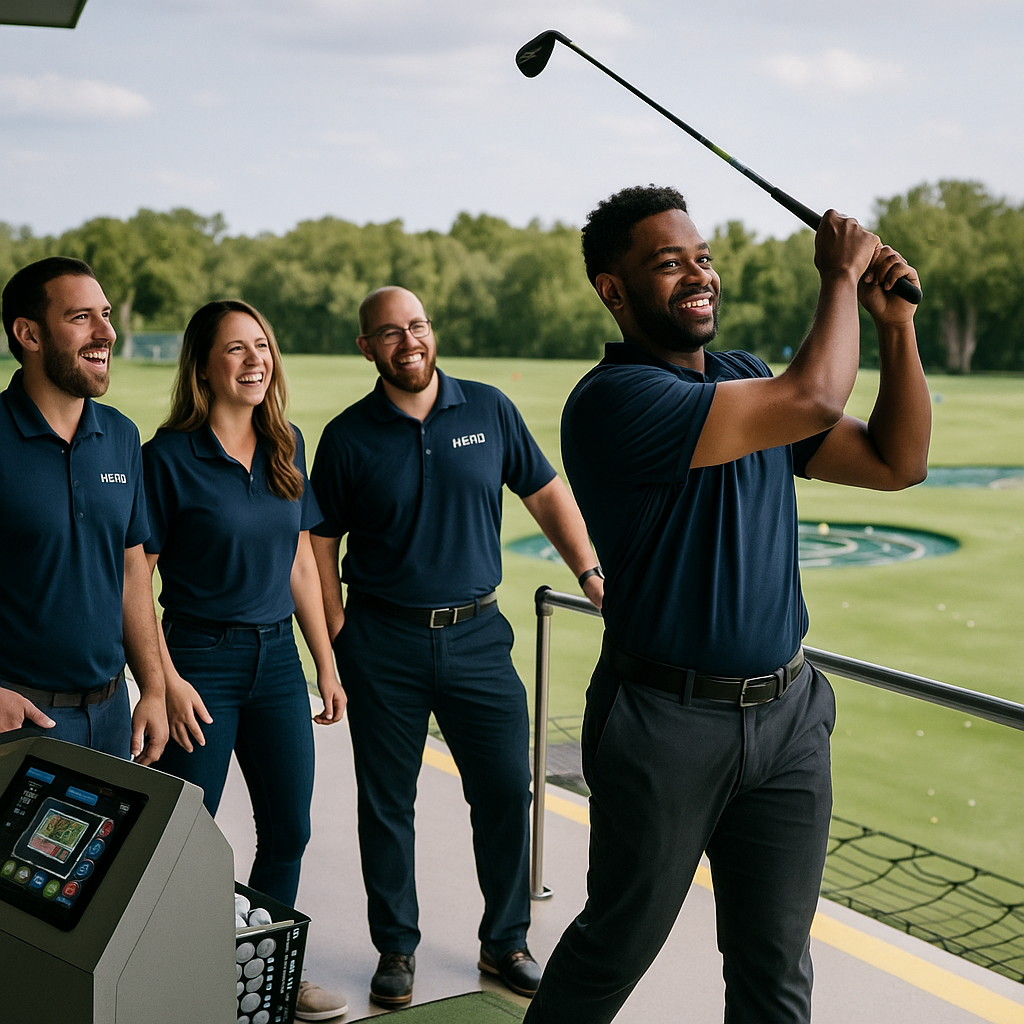 Group of HERO Managed Services employees enjoying a team-building golf outing, smiling and engaging in a relaxed atmosphere, showcasing company culture and collaboration.