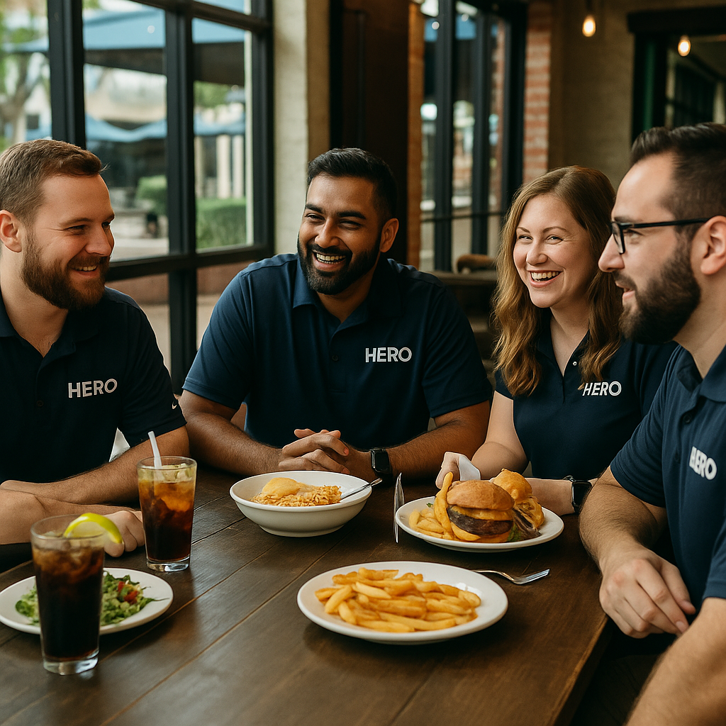 HERO Team Lunch – Company Culture Group of HERO team members enjoying a meal together, showcasing a collaborative and friendly workplace culture, with plates of food and drinks on a wooden table.
