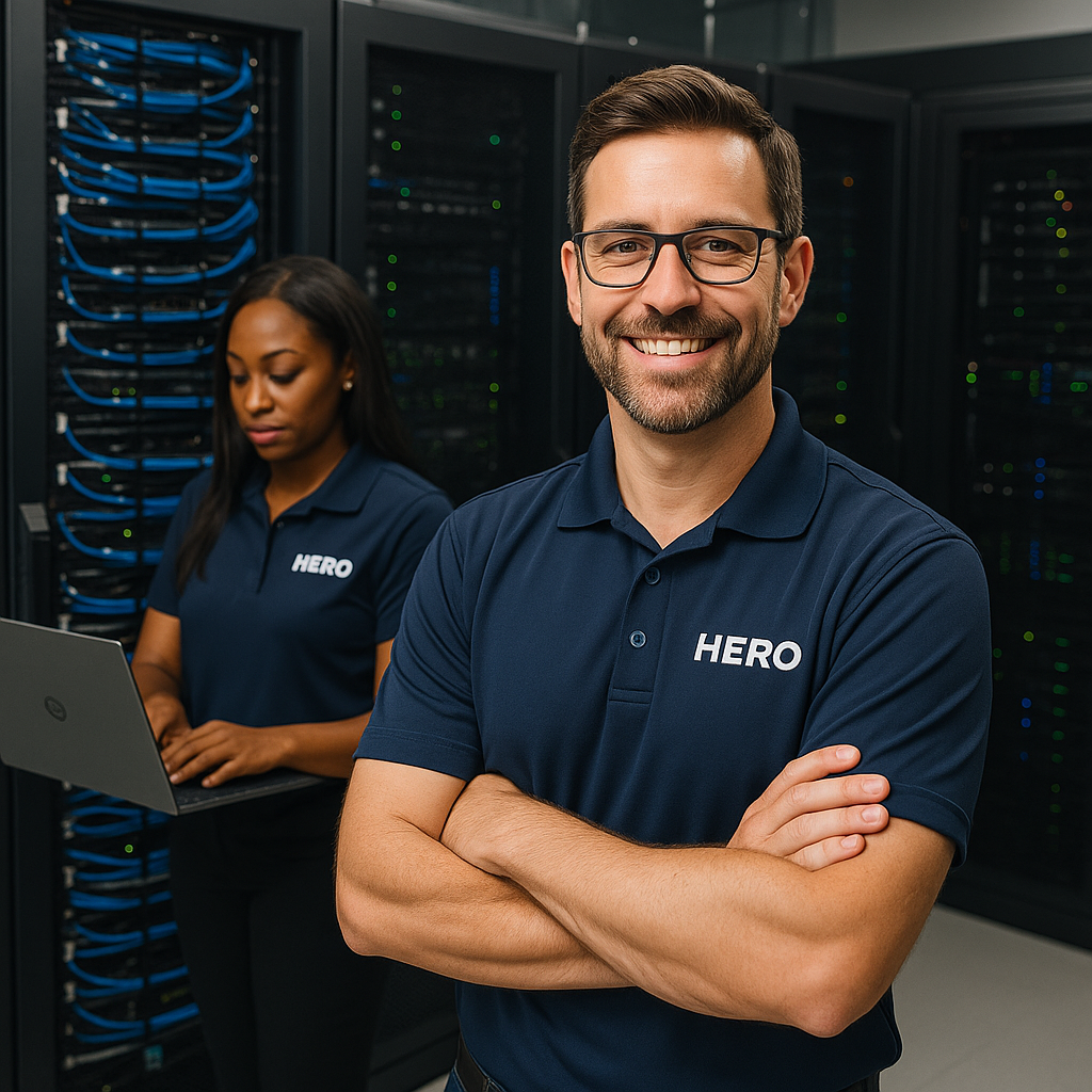 Two HERO Managed Services engineers in a server room, one smiling at the camera and another working on a laptop