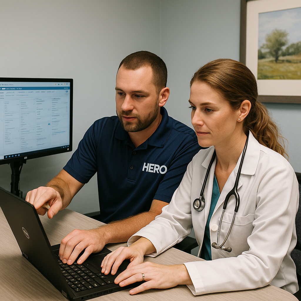 Veterinary IT Collaboration – HERO Managed Services HERO engineer collaborating with a veterinarian on practice management software in a clinic.