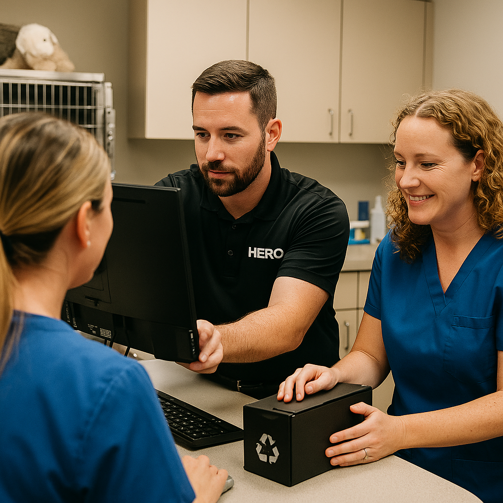 hero-veterinary-it-equipment-support-tampa HERO engineer assisting veterinary staff with IT equipment inside a clinic.