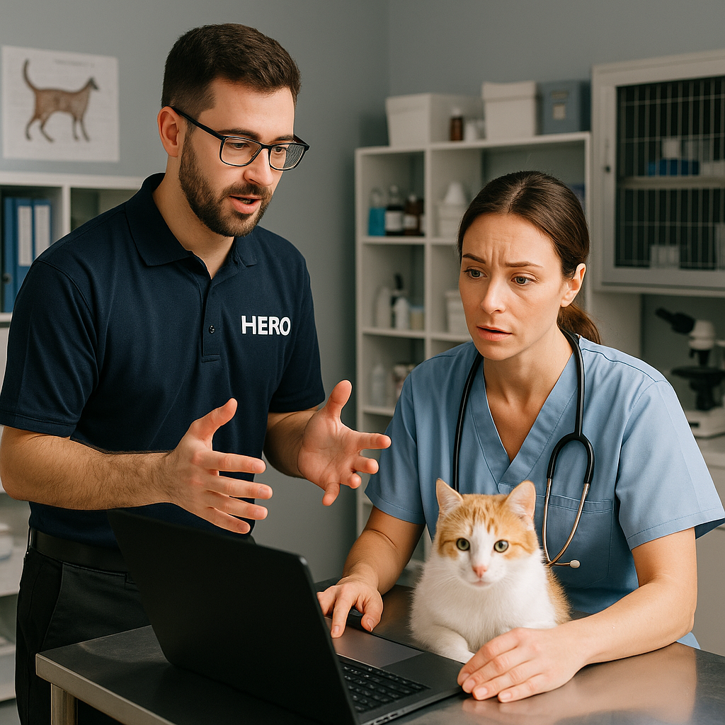 HERO engineer providing IT support for a veterinarian inside a clinic exam room.