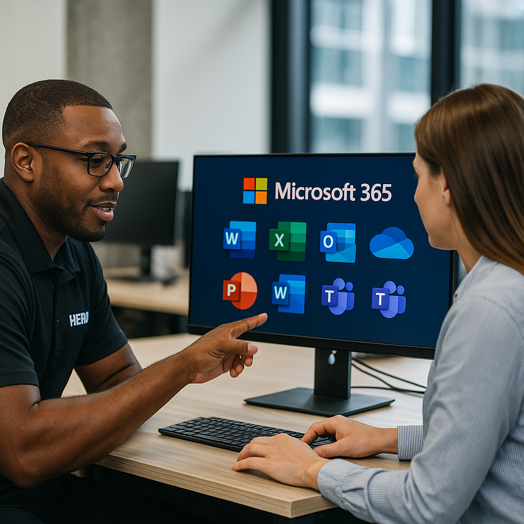 HERO Managed Services consultant demonstrating Microsoft 365 apps to a client in a modern office