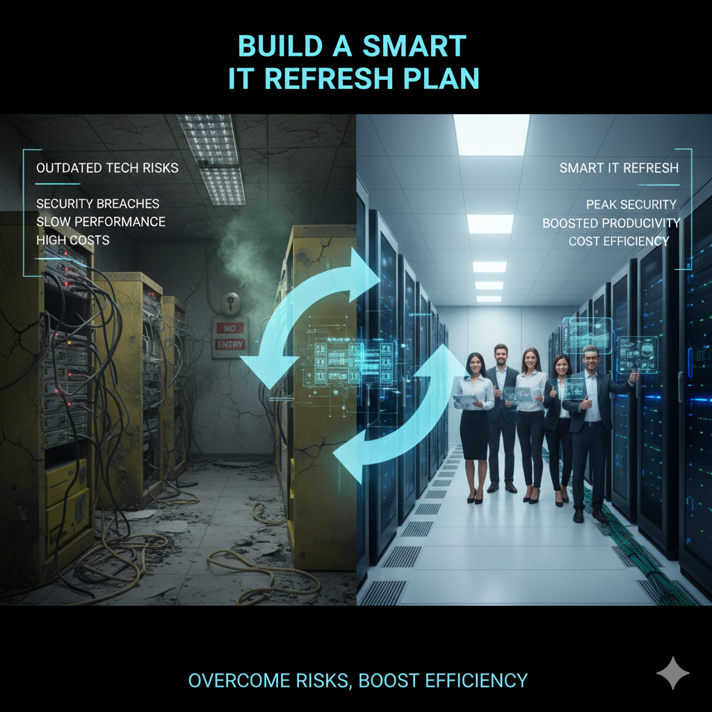 A split image contrasting the risks of outdated technology in a failing server room with the benefits of a smart IT refresh plan in a modern, secure data center.