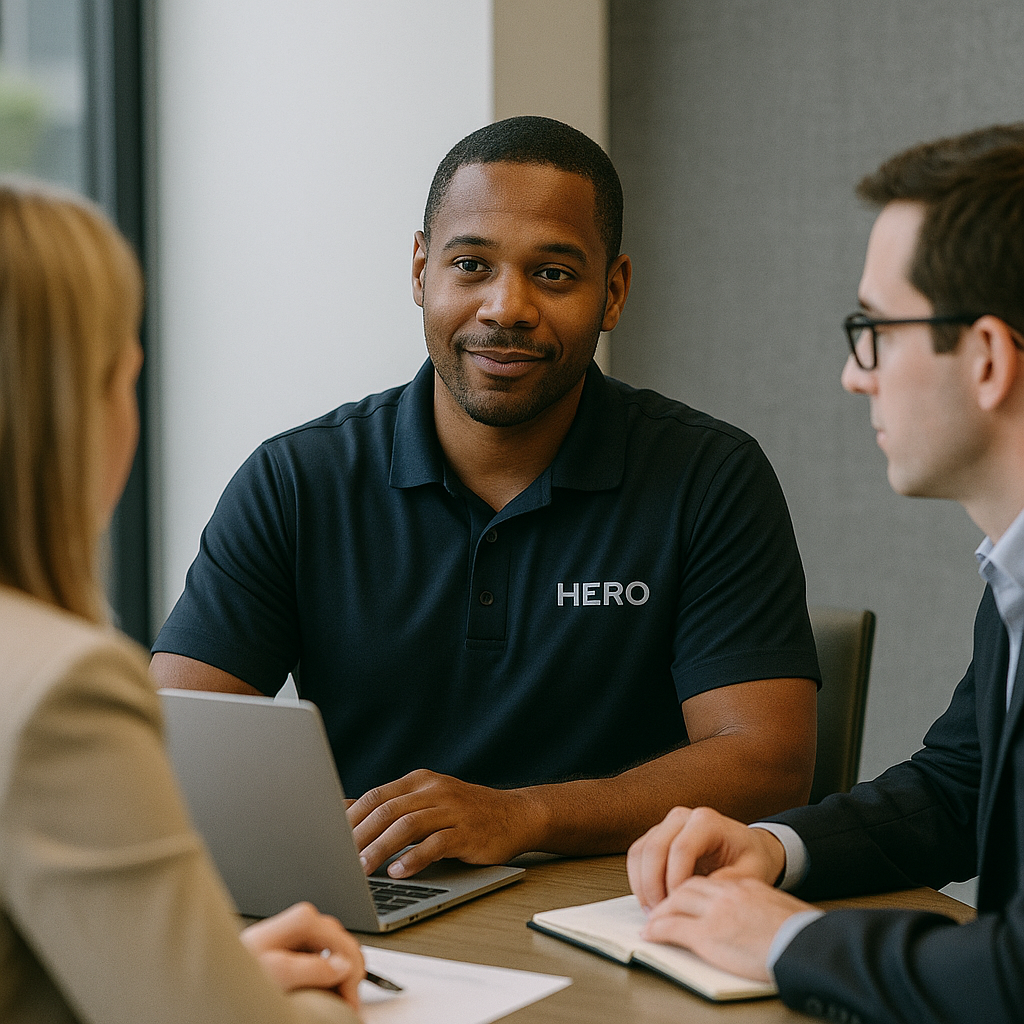 HERO vCIO Services – What Is a Virtual CIO? HERO vCIO consultant explaining services to business executives in a strategy meeting
