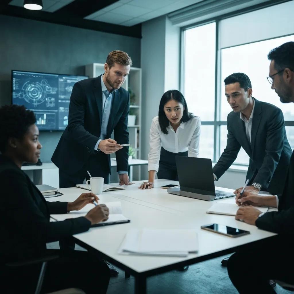 A diverse group of business professionals collaborating around a laptop in a modern office, reviewing cybersecurity data and digital threat analytics on a screen.