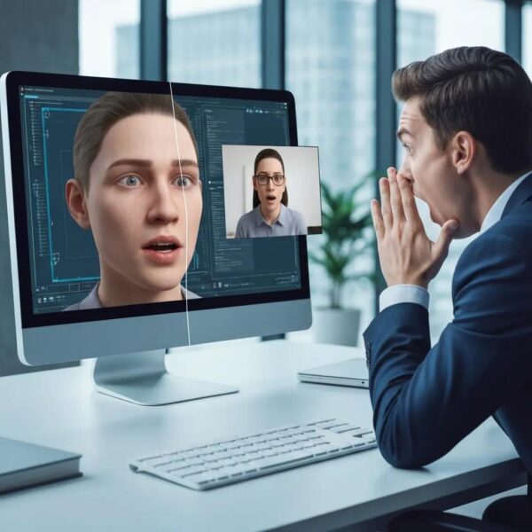 Business professional shocked while watching a deepfake video on a computer screen during a virtual meeting.