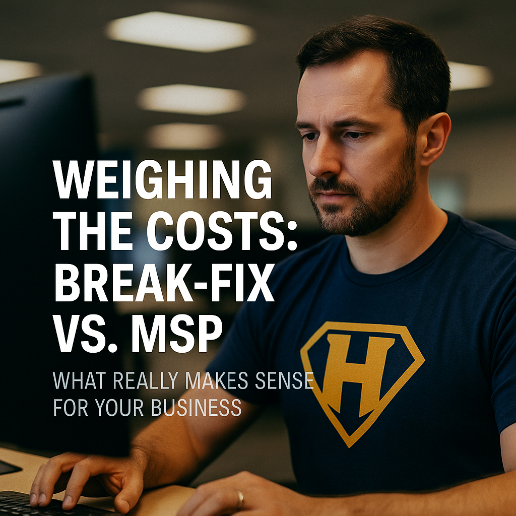 Balance scale comparing Break-Fix vs MSP with overlay text 'Break-Fix vs Managed Service: Which Costs More?'