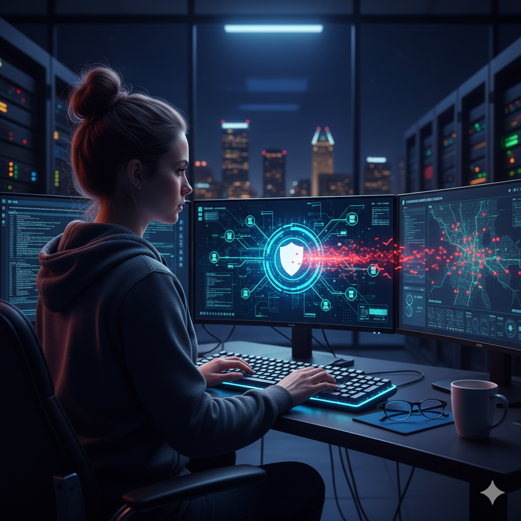 A cybersecurity engineer monitoring network security, showing the active defense measures that work in tandem with cyber liability insurance coverage to protect a Tampa business.