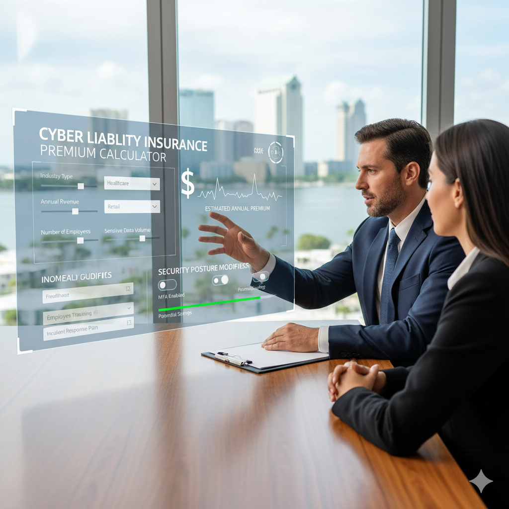 A Tampa business owner using a digital calculator to see how factors like industry risk and security measures affect their cyber liability insurance cost.