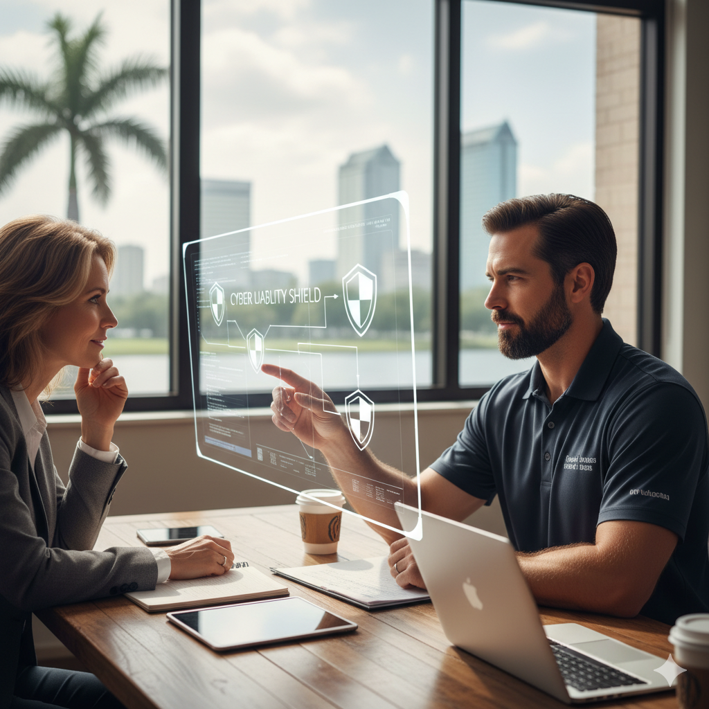 A cybersecurity technician in a meeting, showing a client in Tampa how a cyber liability insurance policy acts as a digital shield for her business.