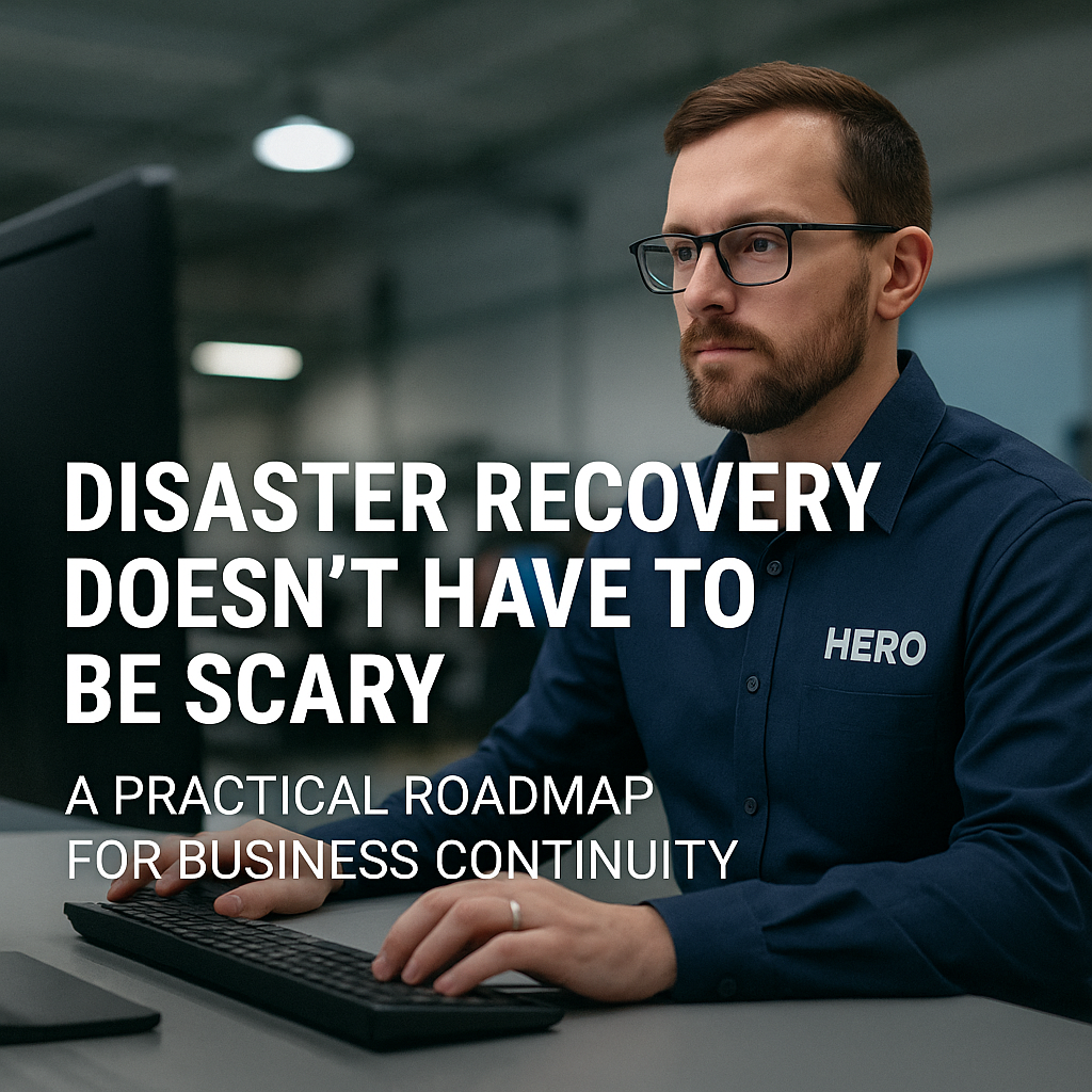 IT professional in HERO polo working at a computer with overlay text 'Disaster Recovery Doesn’t Have to Be Scary'.