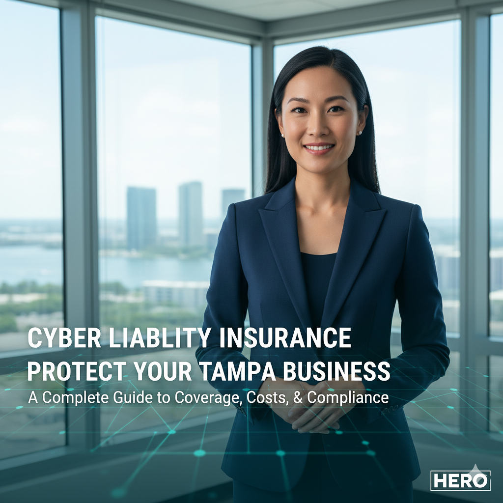 Social media banner for a guide to Cyber Liability Insurance in Tampa, featuring the title and a cybersecurity expert from HERO Managed