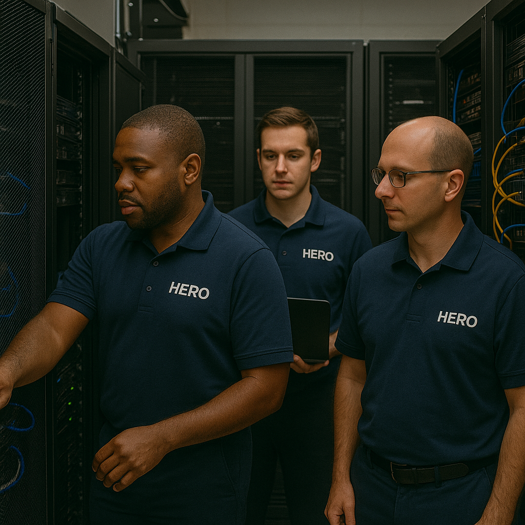 HERO engineers managing core IT infrastructure in a Tampa data center with servers and networking equipment.