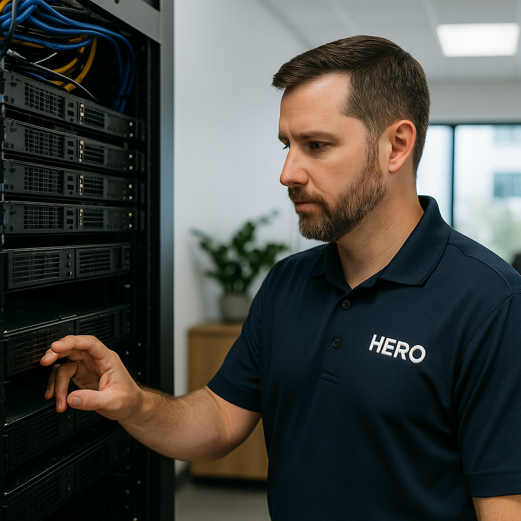 HERO Managed Services engineer providing cybersecurity-focused IT support in a Tampa business server room.