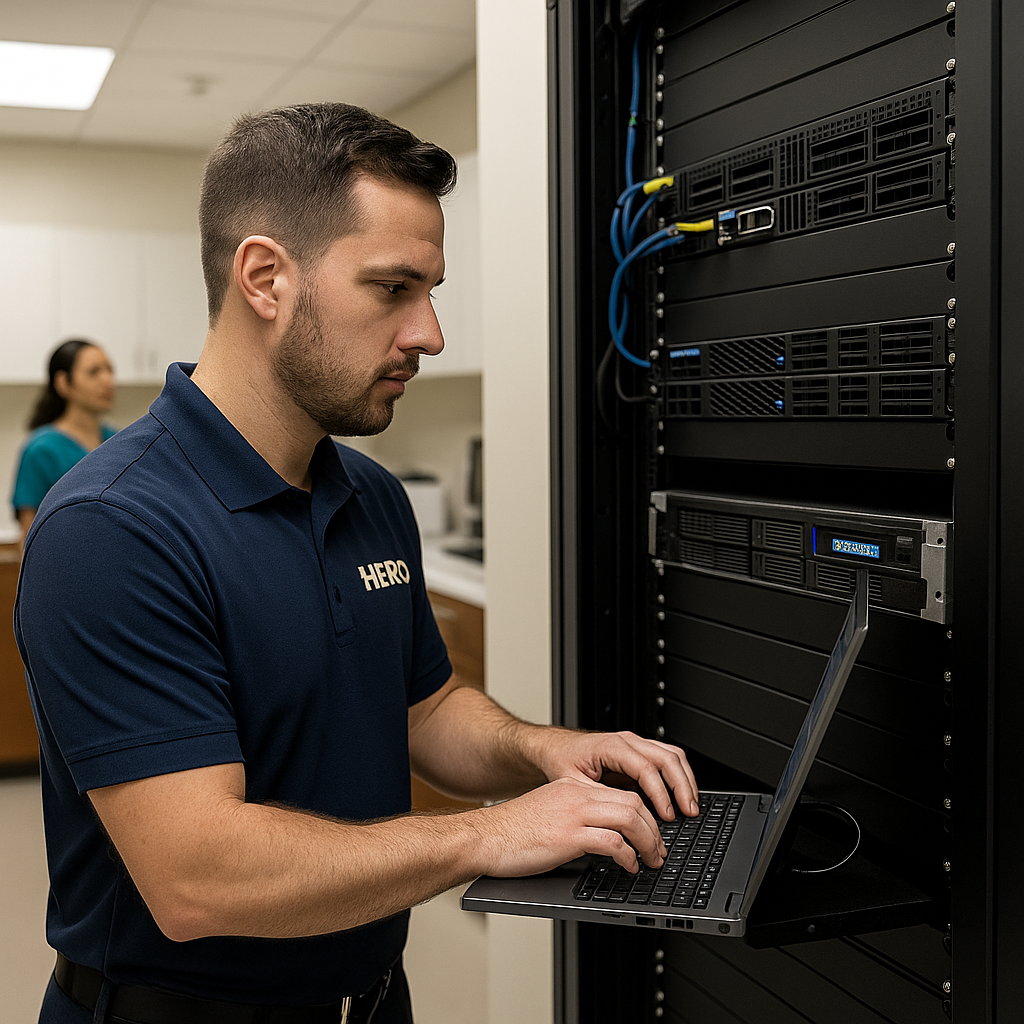 HERO engineer in a polo working on secure server systems for backup and disaster recovery in a Tampa healthcare office.