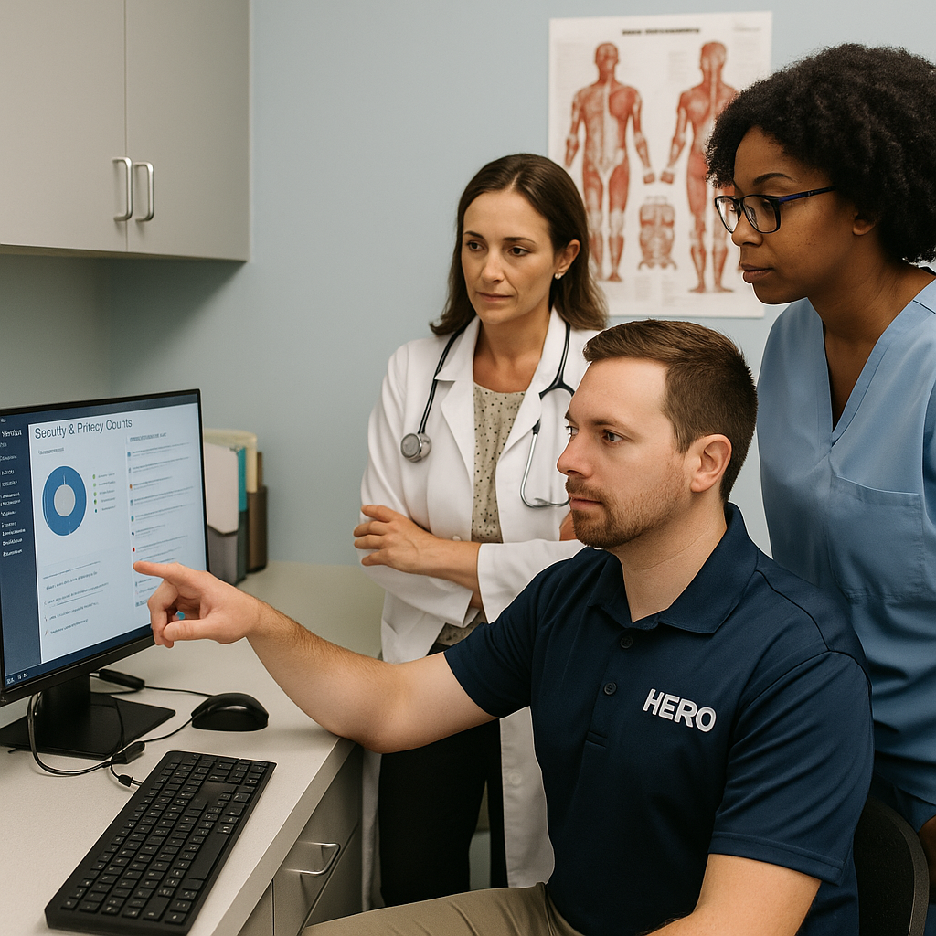HERO engineer in a polo showing cybersecurity dashboards to healthcare staff in a Tampa medical office, ensuring HIPAA compliance and patient data protection.
