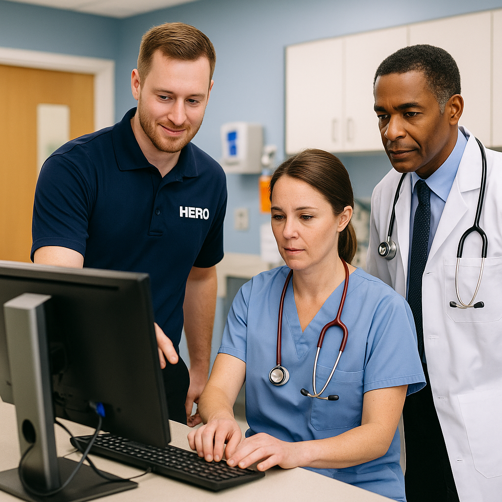 HERO engineer in a polo helping doctors and nurses in a Tampa healthcare office with EHR and EMR systems on a computer workstation.