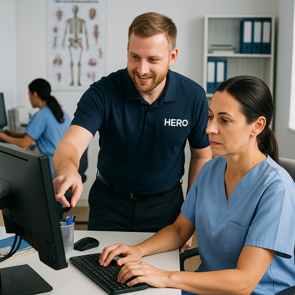 HERO engineer in a polo working with healthcare staff in a Tampa medical office, assisting with secure patient data and computer systems.