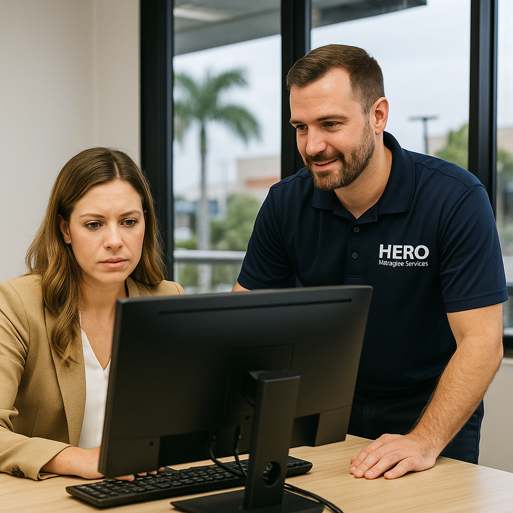 HERO Managed Services engineer assisting a Tampa business employee with IT support in a modern office environment.