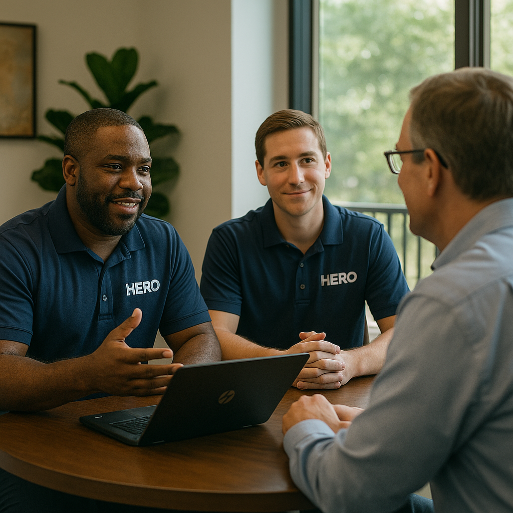 HERO engineers meeting with a business client in a modern Tampa office, discussing IT solutions around a laptop.