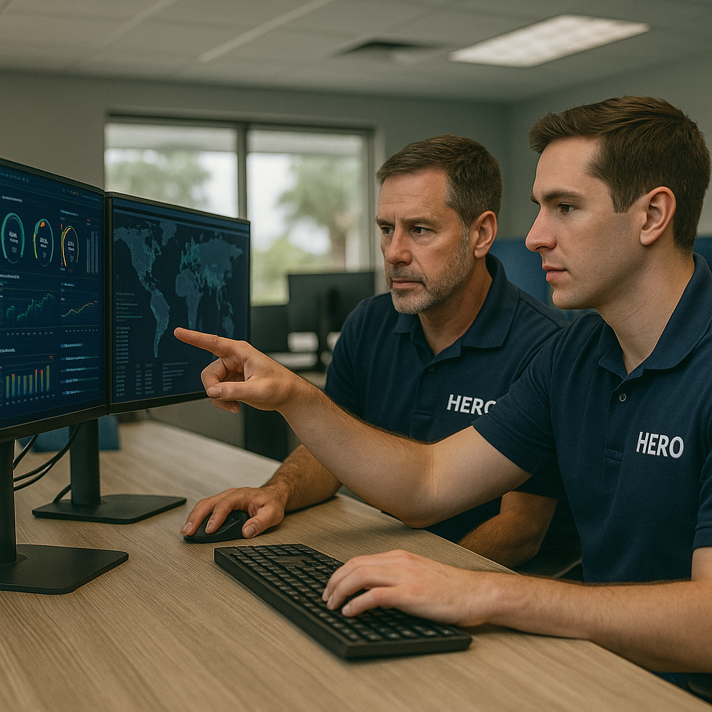 HERO engineers managing core IT infrastructure in a Tampa data center with servers and networking equipment.