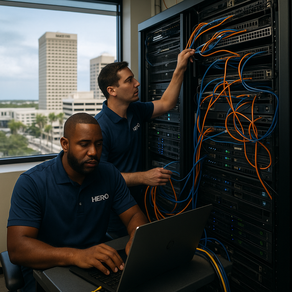 HERO engineers managing IT infrastructure in a Tampa data center with servers and network