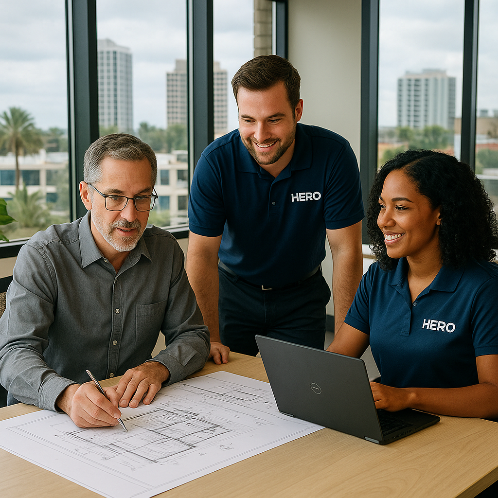 HERO engineers providing IT services for architects and engineers in Tampa, collaborating with an architect on design plans in a modern office.
