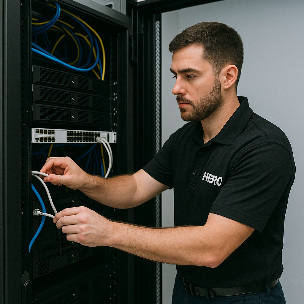 HERO Managed Services engineer working in a Tampa business server closet, managing cables and ensuring reliable IT support.