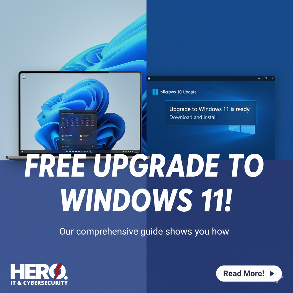 Social media graphic for HERO Managed Services advertising a guide on the free upgrade to Windows 11, showing the new desktop interface and the upgrade prompt from Windows 10