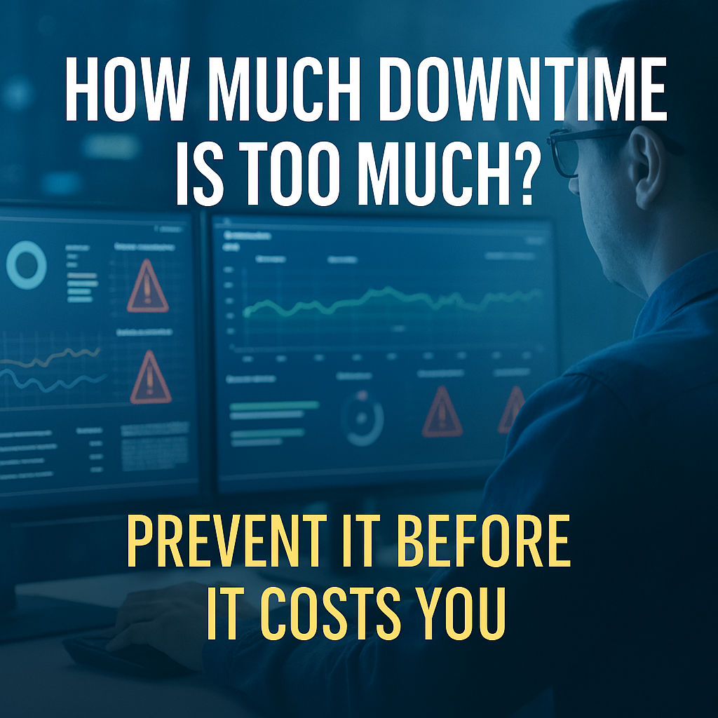 IT engineer monitoring system dashboards with overlay text "How Much Downtime Is Too Much? Prevent It Before It Costs You."